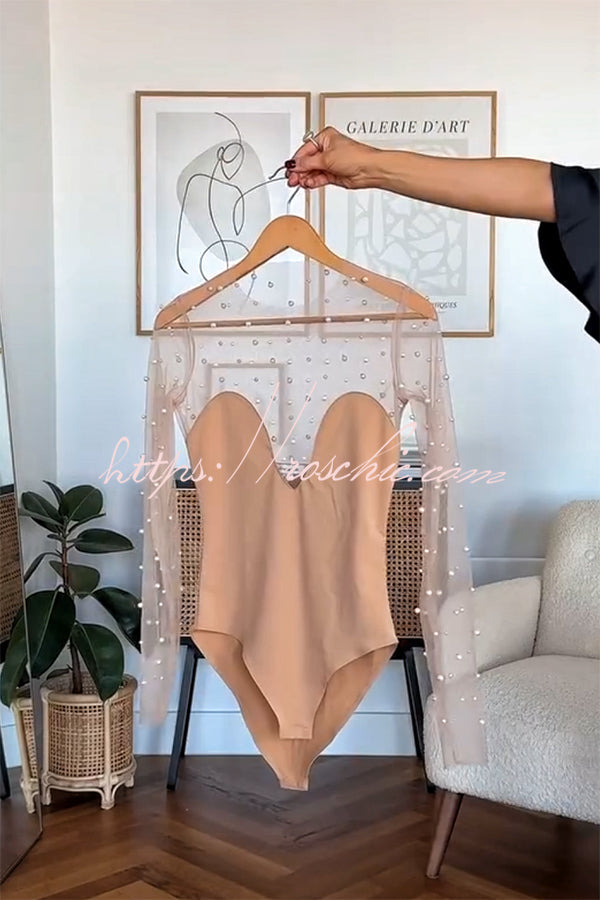 Mesh Pearl Embellished Long Sleeve Bodysuit