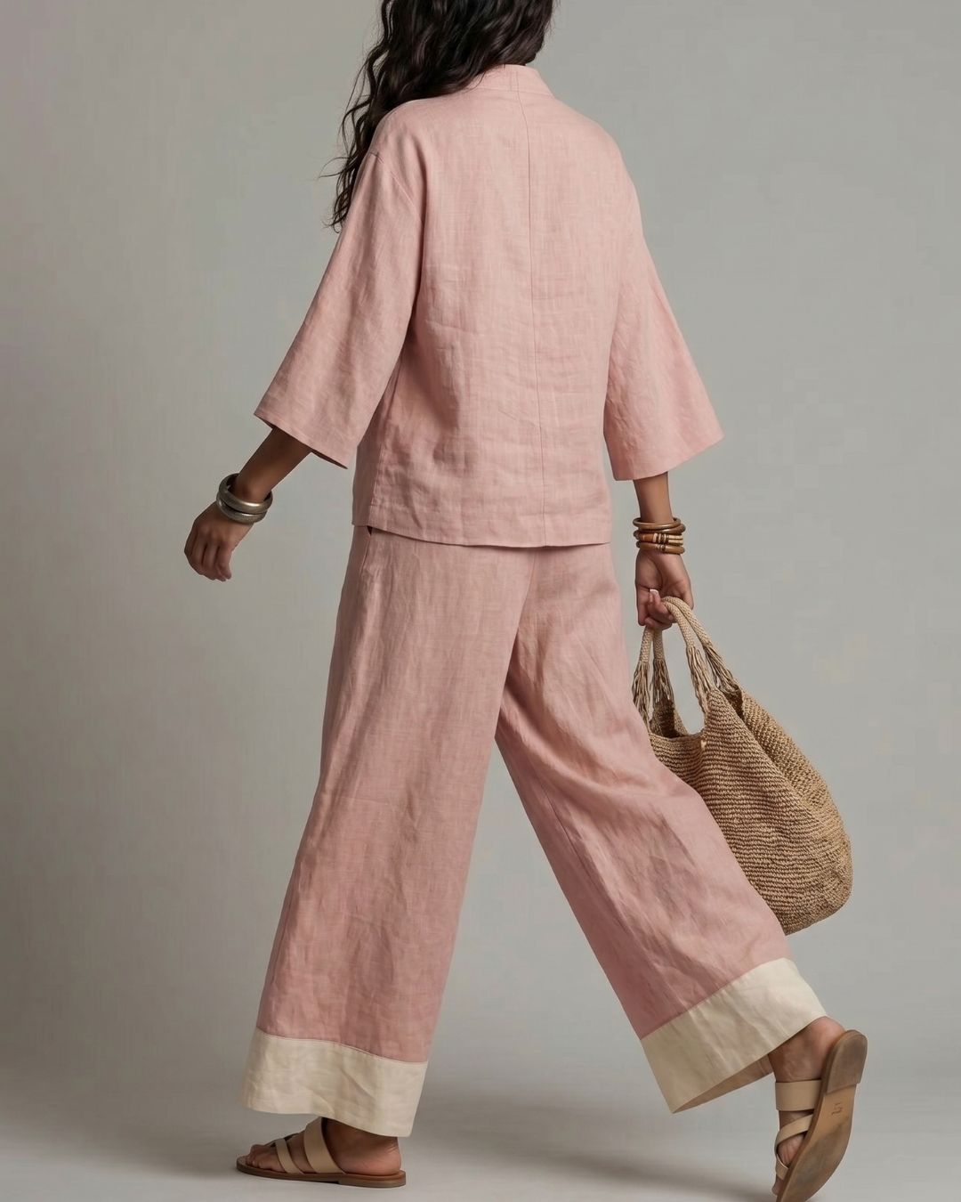 Linen Co-ord Set Deep V Tunic & Palazzo Pants Resort Wear