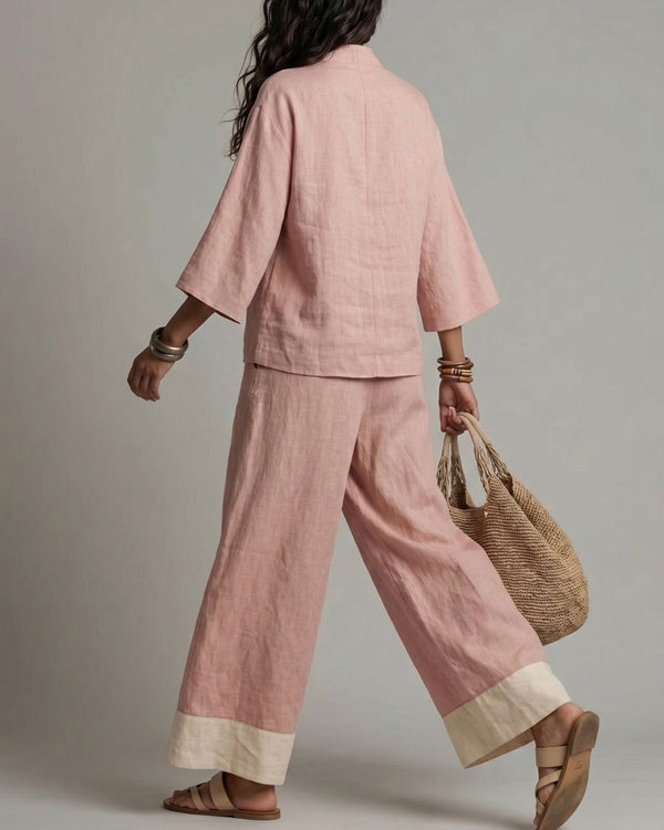 Linen Co-ord Set Deep V Tunic & Palazzo Pants Resort Wear