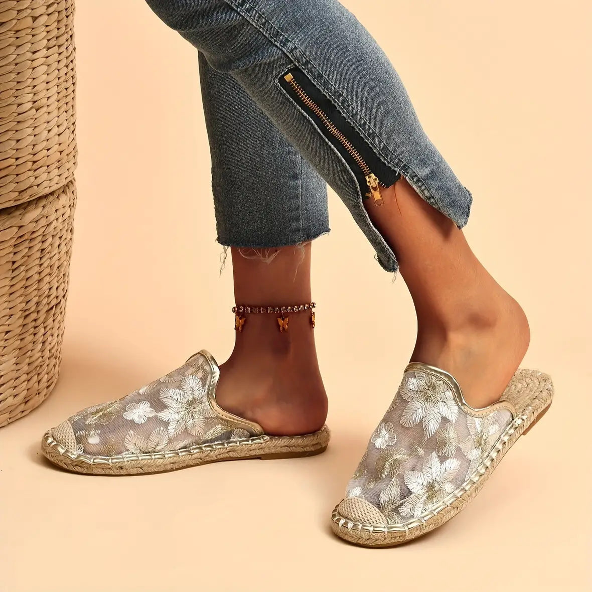 Linen Woven Flat Slippers – Round Toe Casual Slide