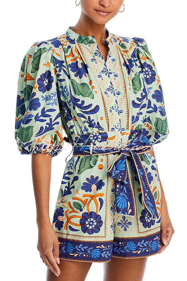 Linen Blend Puff Sleeve Romper with Pockets & Unique Print