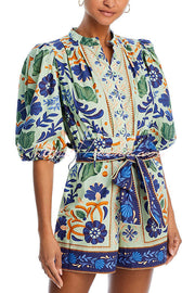 Linen Blend Puff Sleeve Romper with Pockets & Unique Print