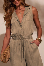 Women's Sleeveless Denim Jumpsuit with Elastic Waist & Pockets