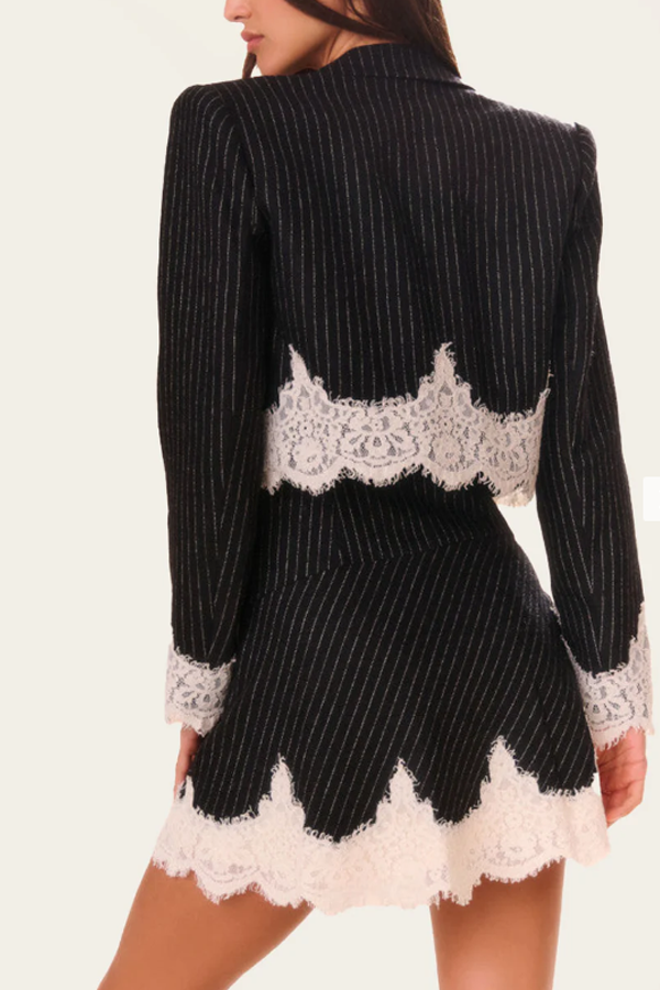 Striped Lace Trim Crop Blazer – Loose Lapel Jacket