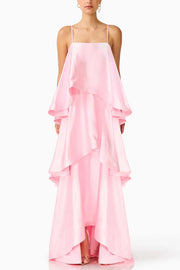 Satin Tiered Maxi Dress – Square Neck Sleeveless A-Line