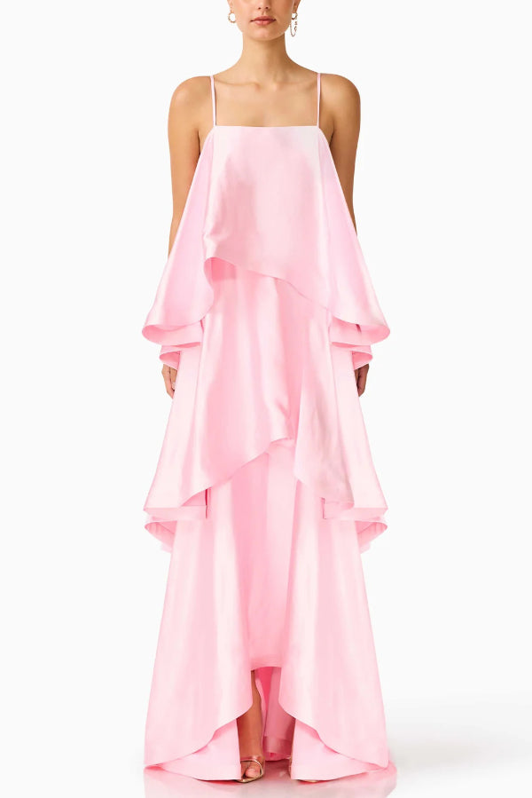 Robe longue en satin à plusieurs niveaux – Col carré sans manches Ligne A
