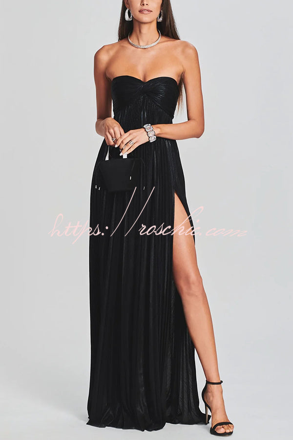 Metallic Pleated Off-Shoulder High Slit Maxi Dress