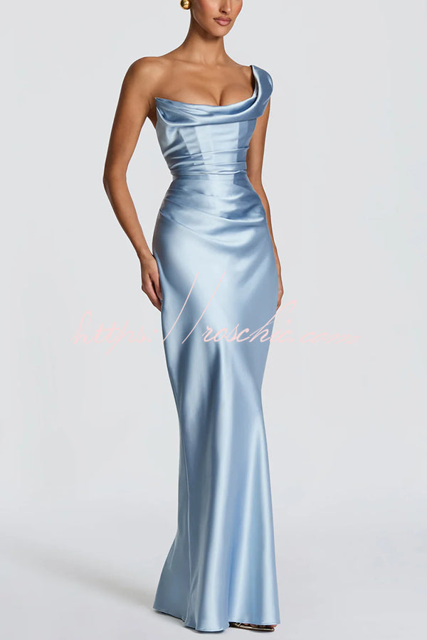 Robe longue plissée en satin à une épaule pour tenue de soirée