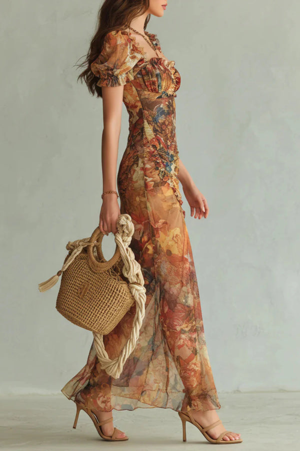 Floral Print Maxi Dress with Square Neck & Ruffle Slit