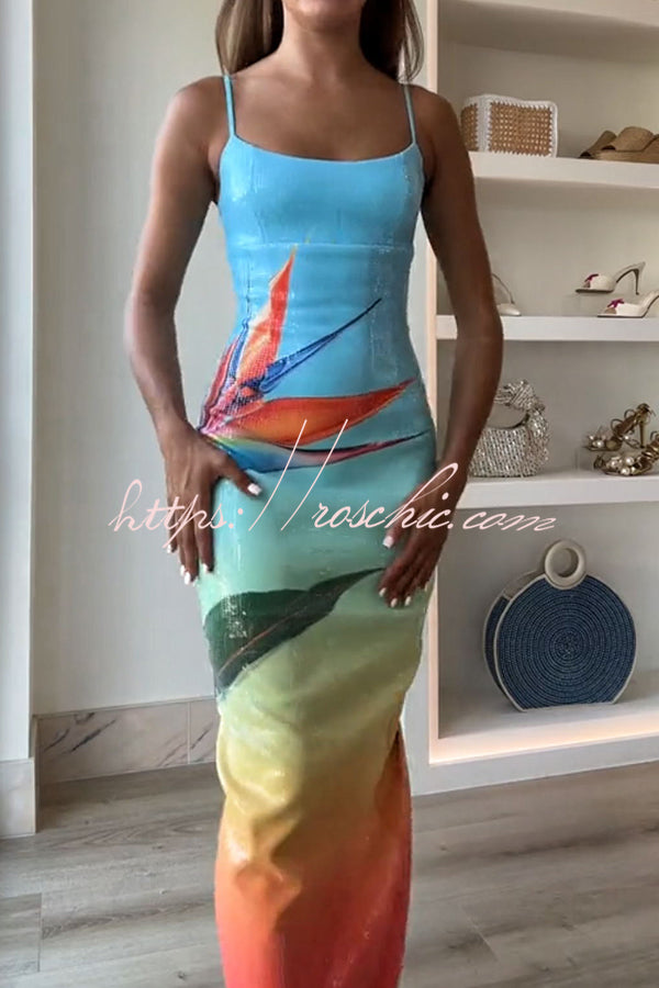 Sequin Floral Gradient Maxi Dress with Slit – Slim Fit