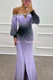 Gradient Print Off-Shoulder Gem Detail Maxi Gown Dress