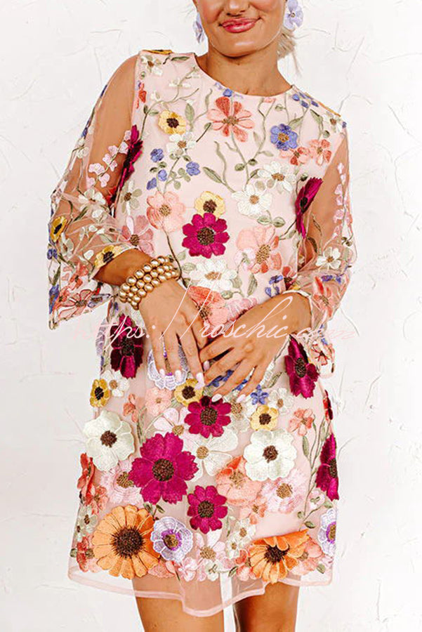 Floral Applique Embroidered Mini Dress with 3/4 Sleeves