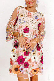 Floral Applique Embroidered Mini Dress with 3/4 Sleeves