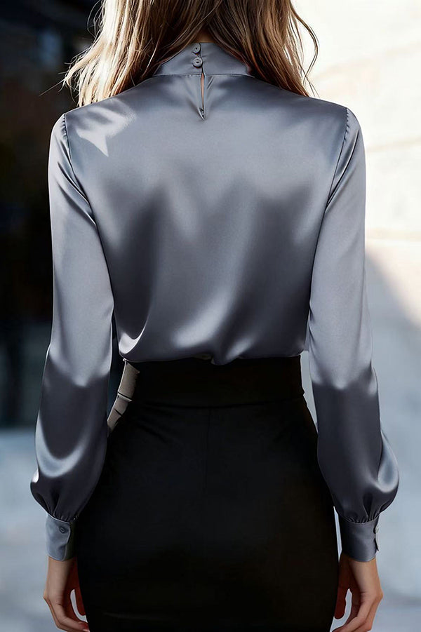 Satin Long Sleeve Tie-Front Shirt | Loose Fit Office Top