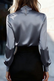 Satin Long Sleeve Tie-Front Shirt | Loose Fit Office Top
