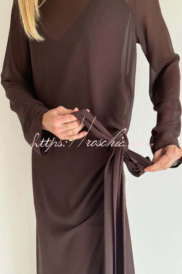 Mesh See-Through Maxi Dress with Tie Bow & Side Slit