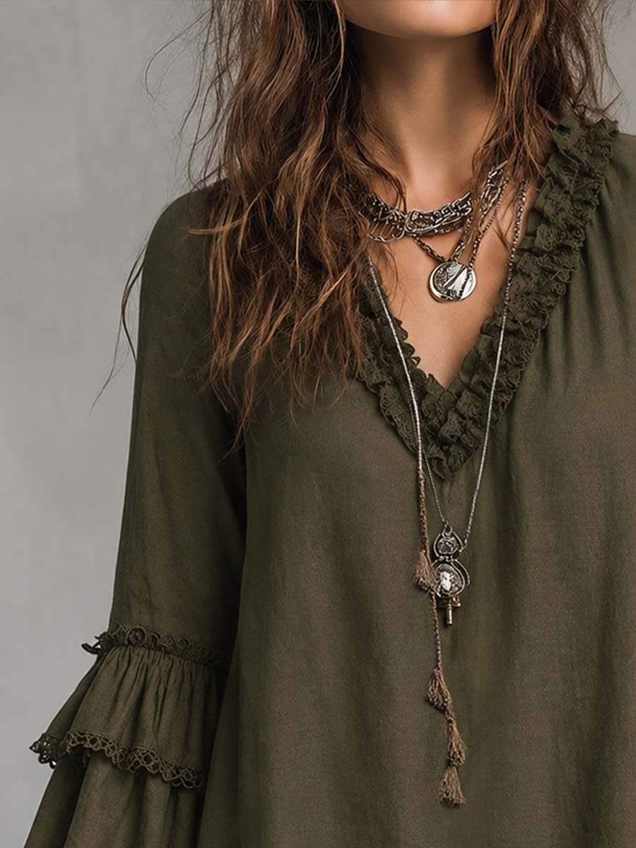 Cotton Linen Long-Sleeve Blouse with Ruffled Lace Detail