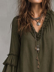 Cotton Linen Long-Sleeve Blouse with Ruffled Lace Detail