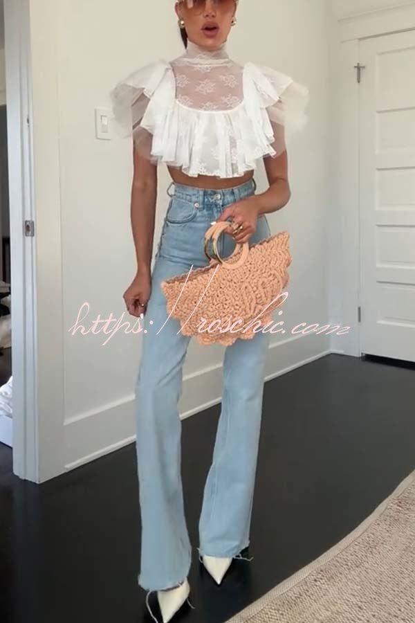 Lace Tulle High Neck Ruffle Cropped Top | Party & Vacation