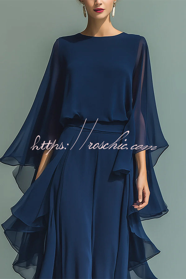 Midnight Blue Wide-Leg Pantsuit with Ruffled Overlay