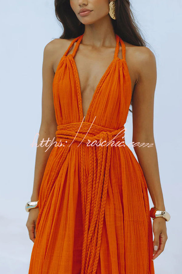 Linen Blend Halter Maxi Dress – Deep V Backless Cover Up