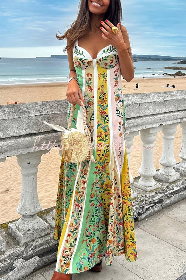 Linen Blend Color Block Floral Maxi Dress – Sweetheart Neck