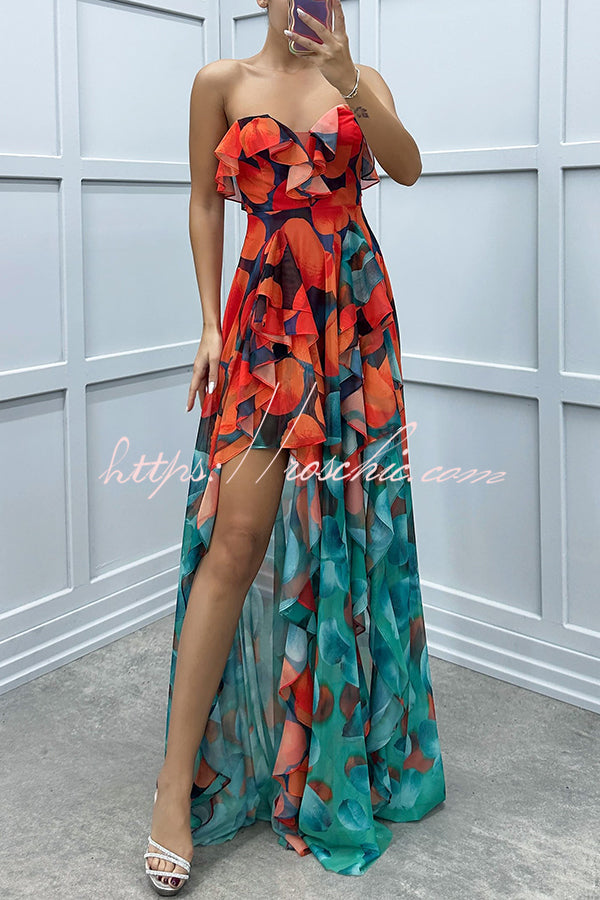 Gradient Print Strapless Maxi Dress with Layered Ruffles