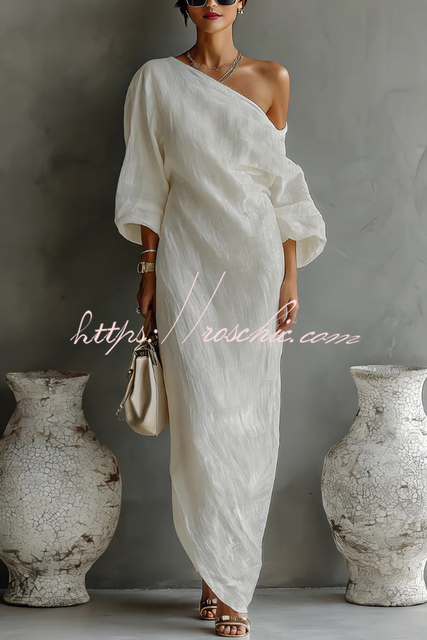 Linen Blend One-Shoulder Maxi Dress with Lantern Sleeves