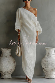 Linen Blend One-Shoulder Maxi Dress with Lantern Sleeves