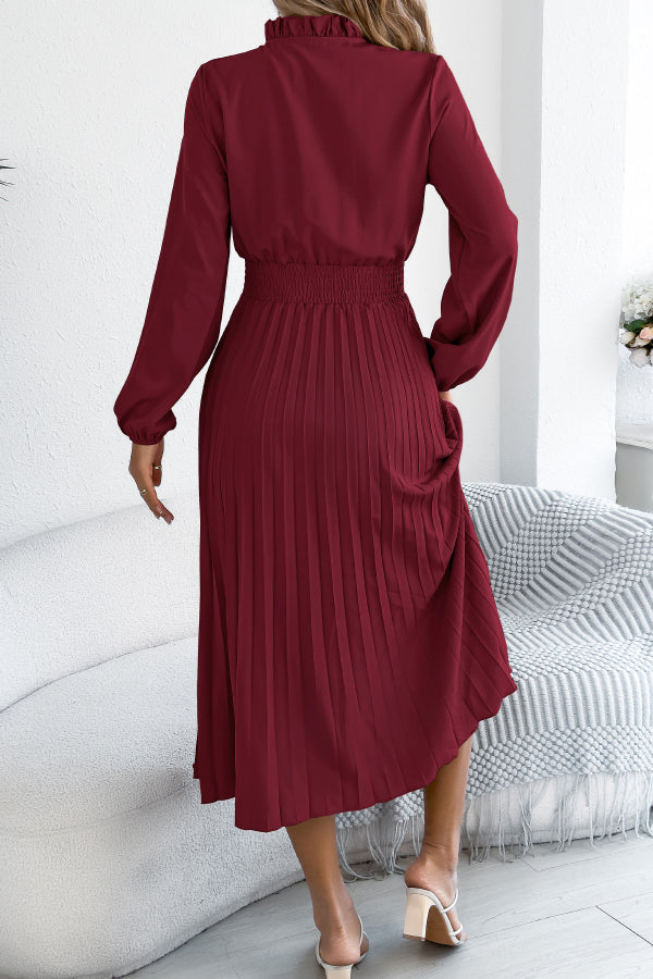 Women's Long Sleeve Pleated Midi Dress – Fitted Waist