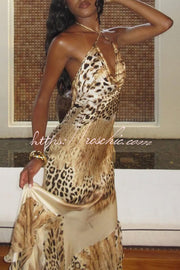 Coral Satin Leopard Print Halter Maxi Dress with Ruffle Hem