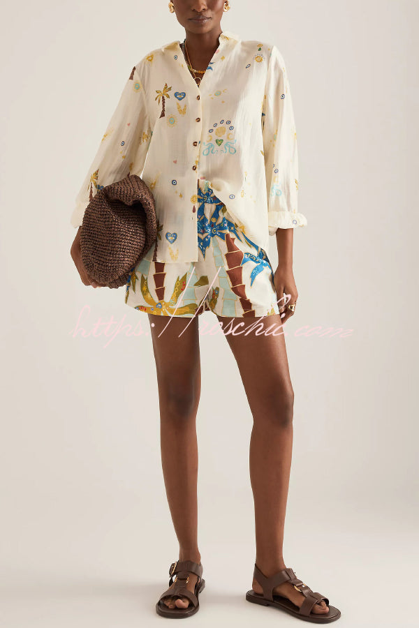Linen Blend Printed Shirt & Elastic Waist Shorts Set