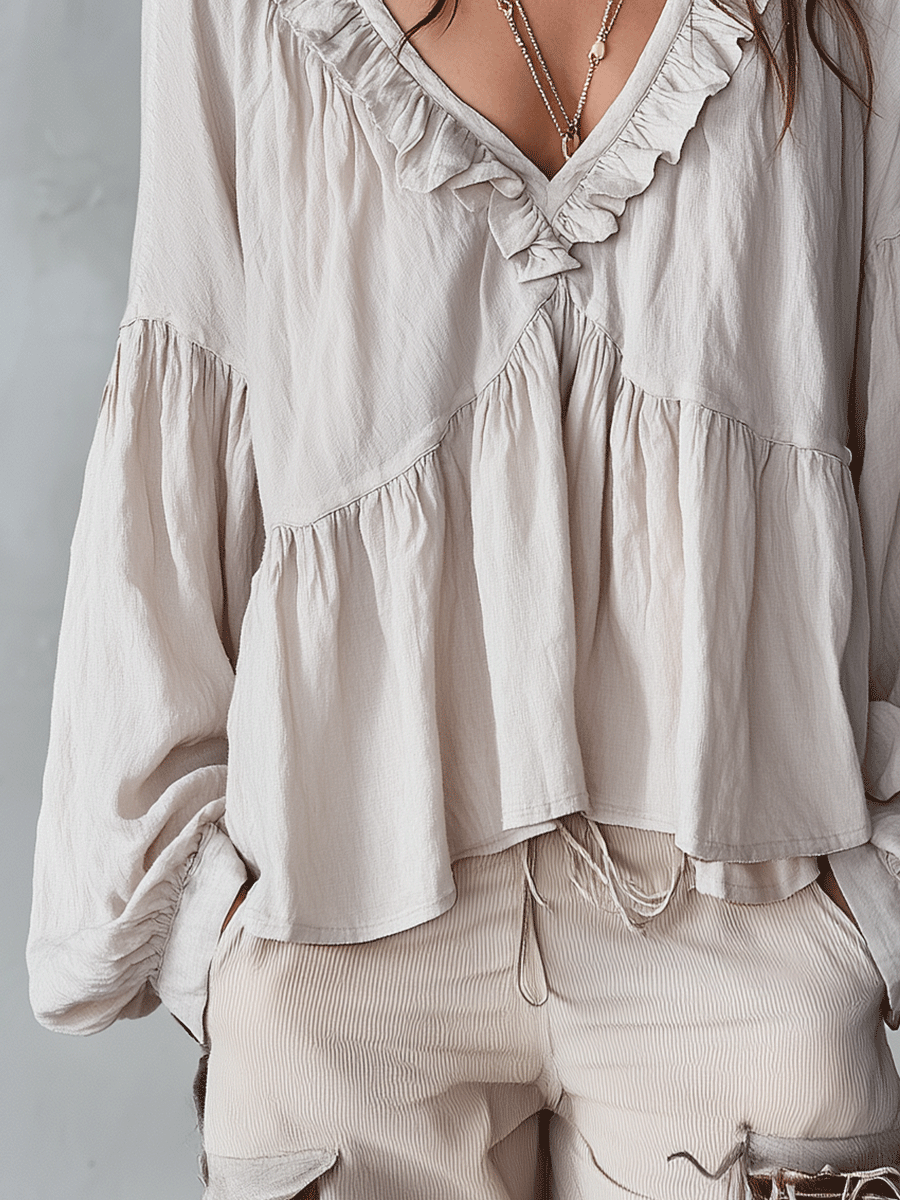 Vintage-Inspired Ruffle Blouse with Long Sleeves