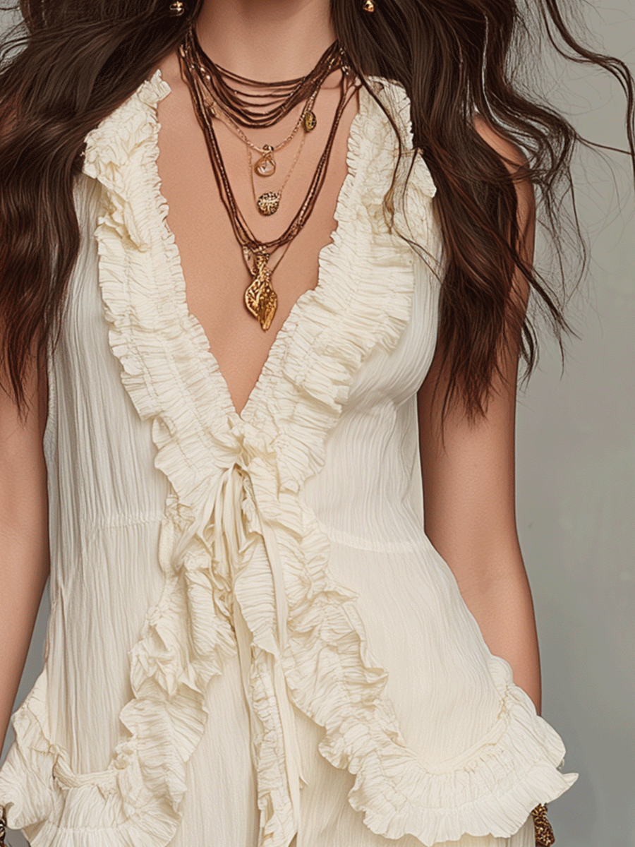 Ivory Ruffle Tie-Front Blouse | Boho Sleeveless Top