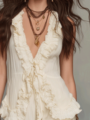Ivory Ruffle Tie-Front Blouse | Boho Sleeveless Top