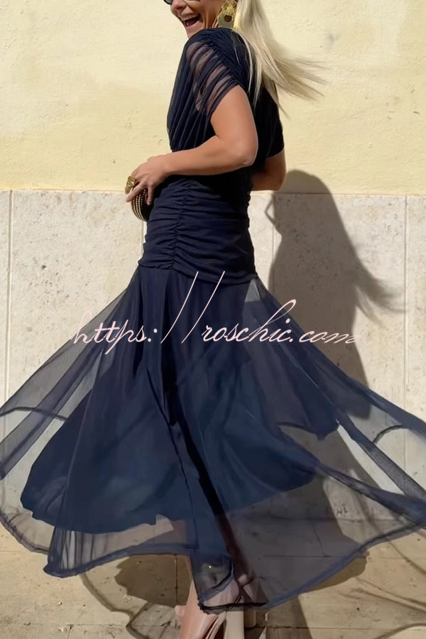 Printed V-Neck Waisted Mesh Maxi Dress for Vacation