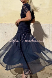 Printed V-Neck Waisted Mesh Maxi Dress for Vacation