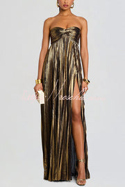 Metallic Pleated Off-Shoulder High Slit Maxi Dress