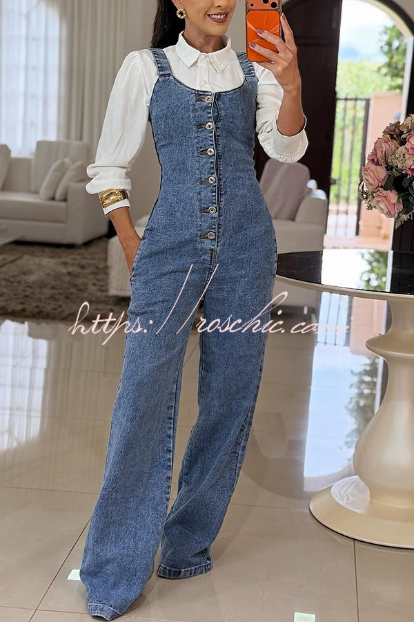Women's Denim Square Neck Flare Jumpsuit – Smocked Back