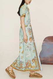 Linen Blend Maxi Dress | Unique Print Tie-Up Shirt Dress