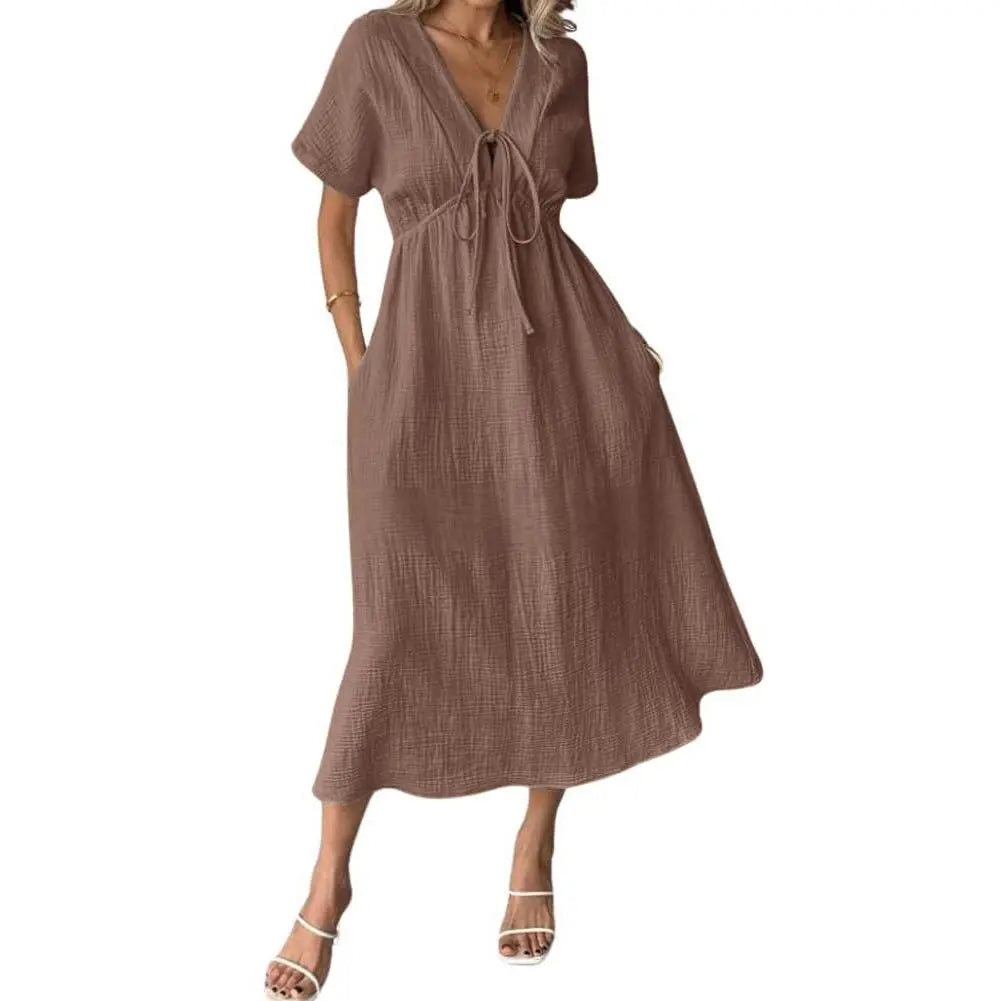 Women's Cotton V-Neck Drawstring Casual Beach Dress with Pockets