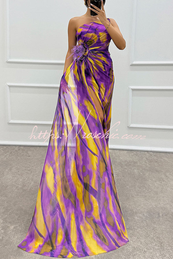 Watercolor Feather Print Off-Shoulder Chiffon Maxi Dress