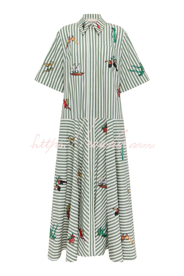 Linen Blend Striped Maxi Dress with Belt & Collar