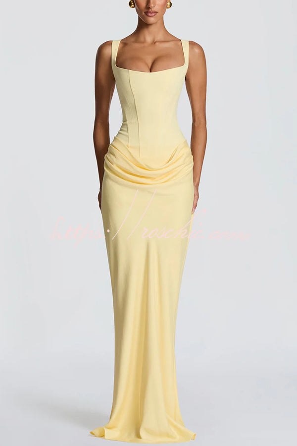 Square Neck Satin Drape Maxi Dress for Evening Occasions