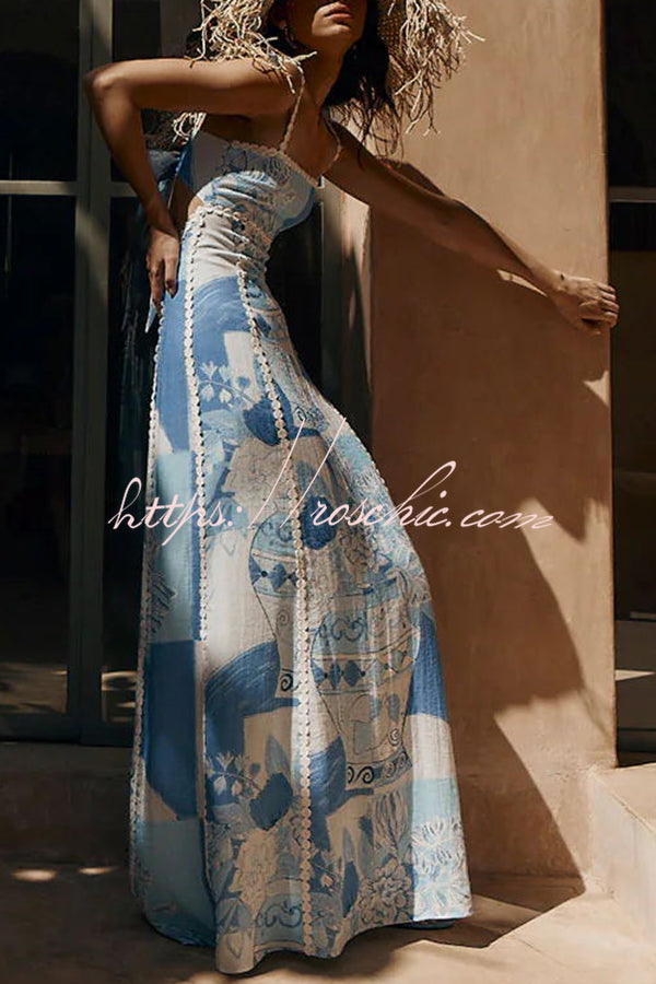 Robe longue en lin mélangé avec imprimé floral et lien au dos