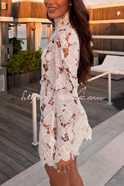 Crochet Lace High Neck Bell Sleeve Mini Dress