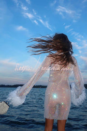 Rhinestone Open Knit Feather Sleeve Party Mini Dress