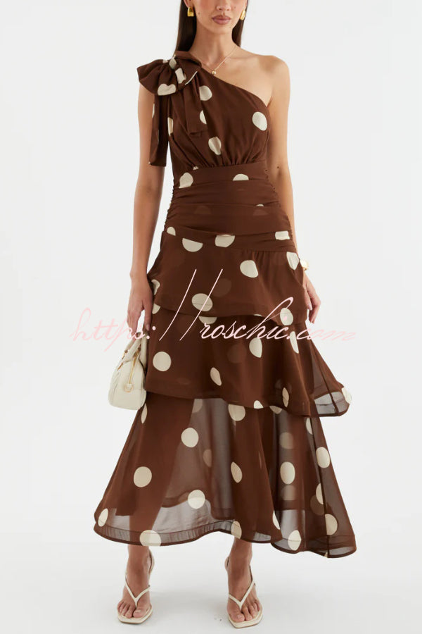 Polka Dot One-Shoulder Sleeveless Layered Mesh Maxi Dress