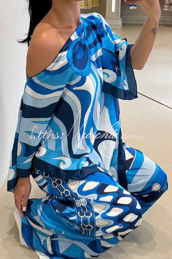 Satin Cape-Sleeve Top & Wide-Leg Pants Set | Vacation