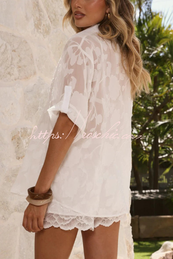 Sheer Lace Loose Shirt & Elastic Waist Shorts Set